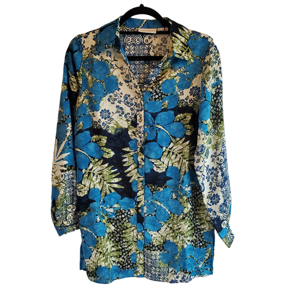 Susan Graver Printed Woven Button Front Women's Big Shirt Blue Multi Size XS